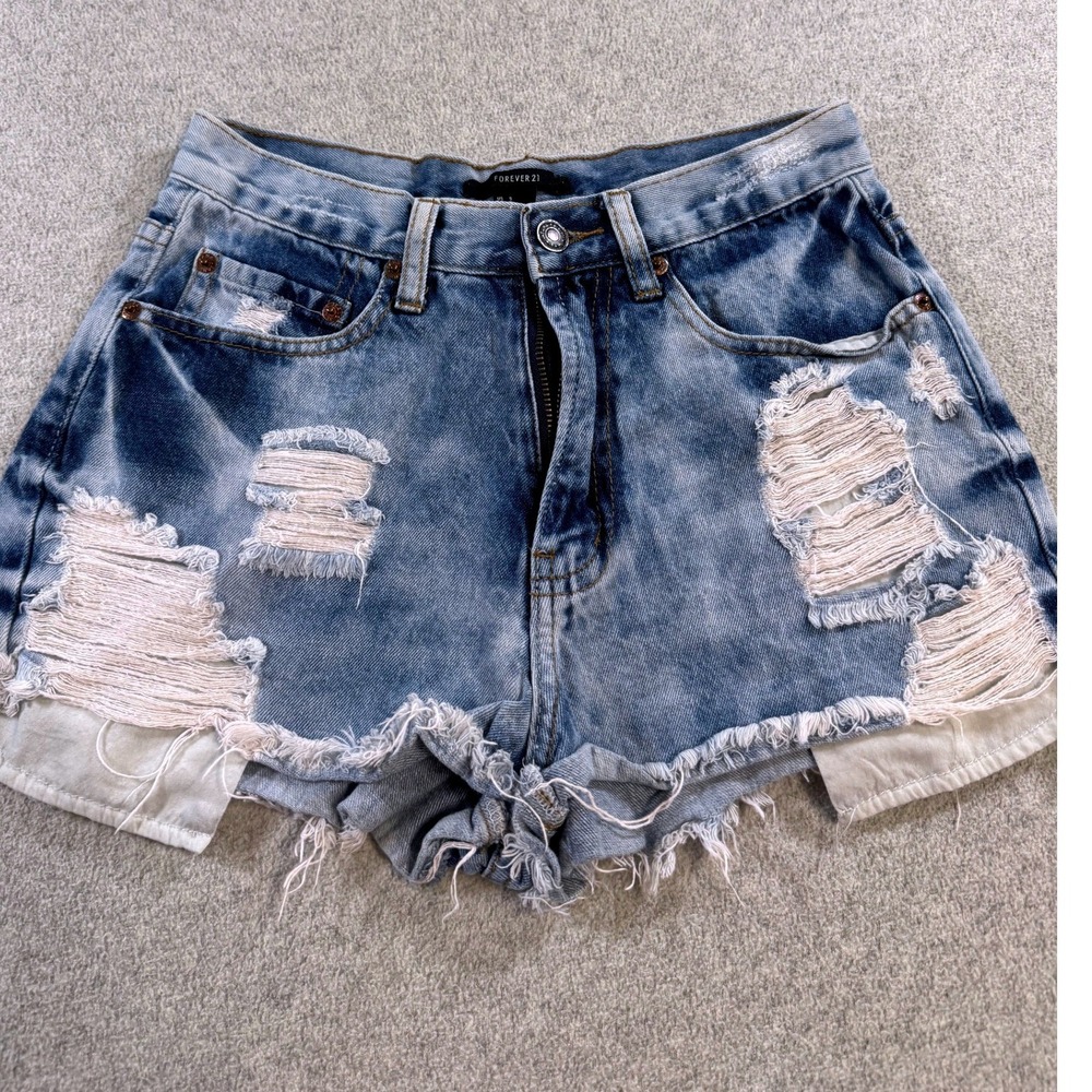 Forever 21 Distressed Denim Shorts Womens Small Blue Good‎ Frayed Edgy High Rise